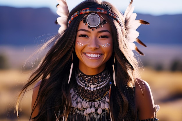 Feliz mujer nativa americana en el campo joven indígena navajo sonriendo