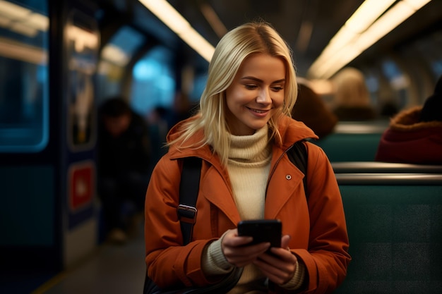 Una feliz mujer de negocios absorta en la lectura de un mensaje de texto durante su vibrante viaje a la ciudad llena de positividad