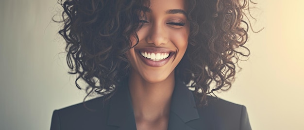 Una feliz mujer de negocios afroamericana vestida con traje de pie en la ciudad sin mirar hacia otro lado sonrisa segura y líder profesional seguro pensando en el éxito soñando con nuevas metas