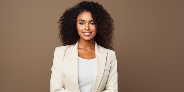 Feliz mujer de negocios exitosa Una hermosa joven con una chaqueta blanca está sonriendo