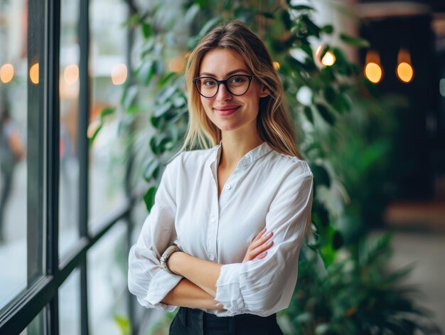 Feliz mujer de negocios hermosa en la oficina con vegetación en el fondo