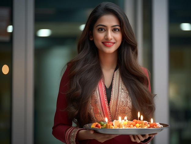 Foto una feliz mujer de negocios india en un traje de negocios está celebrando diwali llevando un pooja thali fuera de su edificio de oficinas