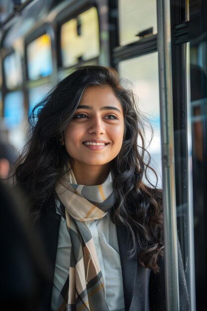 Una feliz mujer de negocios india viaja en autobús para reducir la contaminación del aire