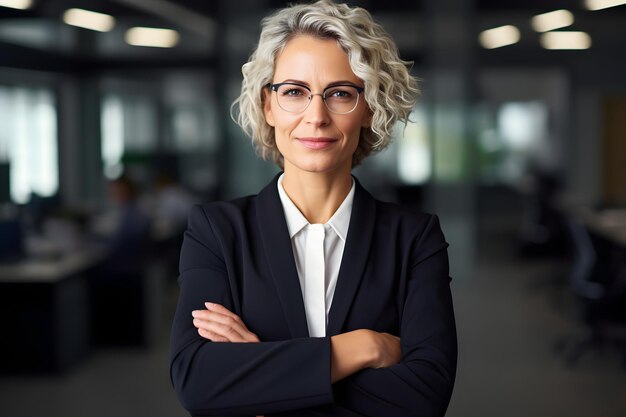 Feliz mujer de negocios de mediana edad ceo de pie en la oficina con los brazos cruzados sonriendo confiado profe maduro