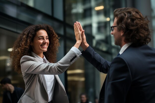 Una feliz mujer de negocios saludando