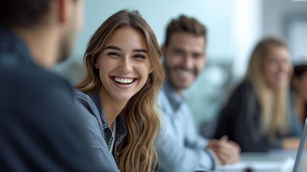 Una feliz mujer de negocios sonriente saludando y hablando con sus colegas de trabajo en una reunión de negocios
