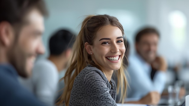 Foto una feliz mujer de negocios sonriente saludando y hablando con sus colegas de trabajo en una reunión de negocios