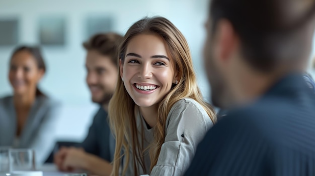 Una feliz mujer de negocios sonriente saludando y hablando con sus colegas de trabajo en una reunión de negocios