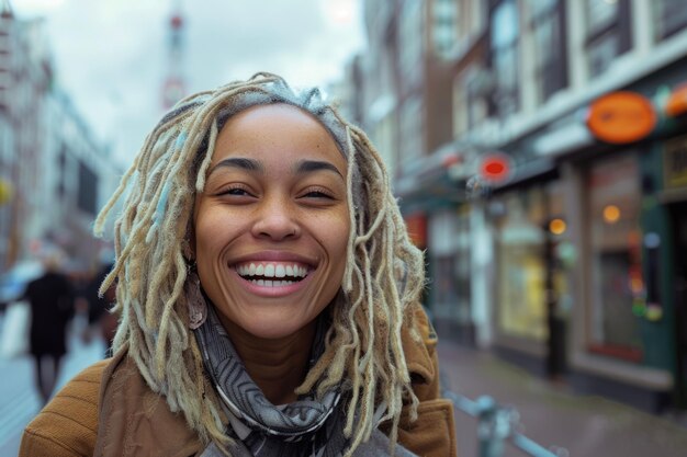 Foto feliz mujer negra del milenio con rastas rubias riendo al aire libre