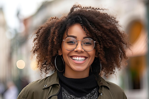 Feliz mujer negra satisfecha con gafas retrato fuera de Generative Ai