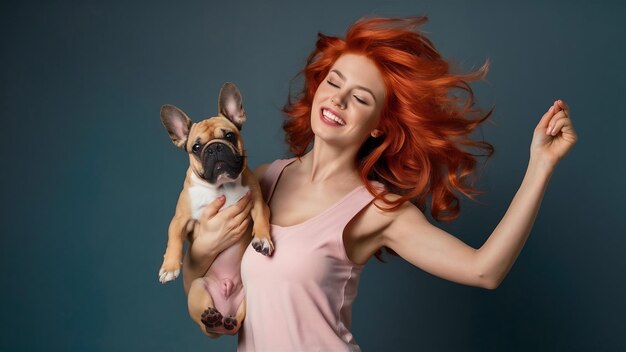 Foto una feliz mujer pelirroja bailando y sosteniendo un lindo perro.