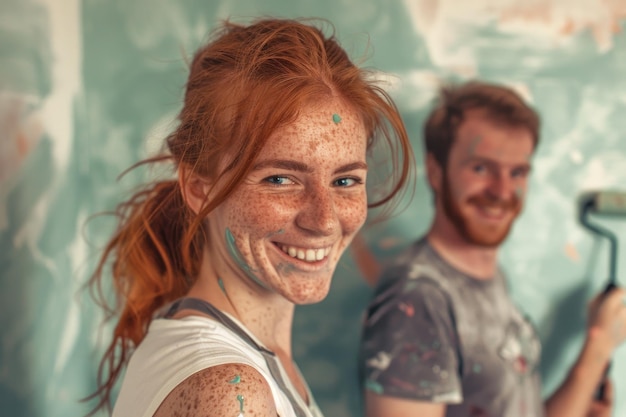 Foto feliz mujer pelirroja muy joven pintando una pared con su marido sonriendo mientras aplica el rodillo