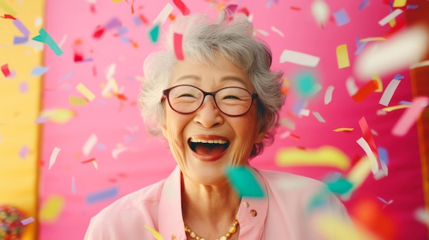 Feliz mujer riendo con confeti cayendo cumpleaños fiesta de celebración divertida de año nuevo