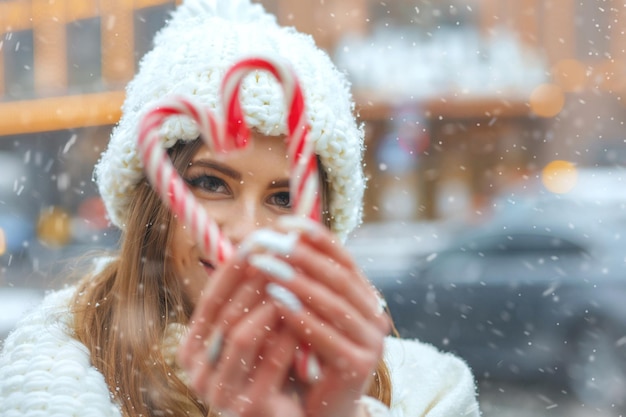 Feliz mujer rubia sosteniendo dulces en la feria de invierno de vacaciones durante las nevadas. Espacio para texto