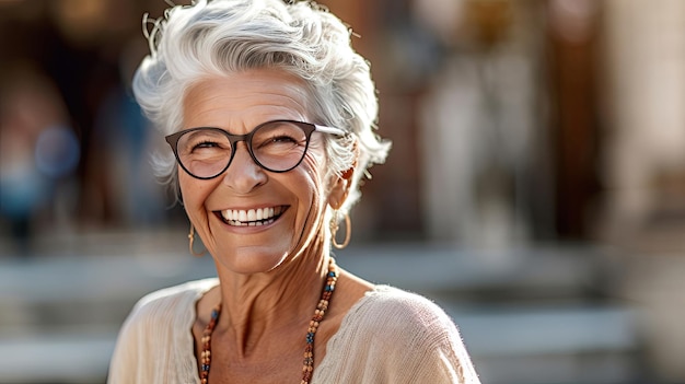 Feliz mujer senior satisfecha con gafas retrato fuera de Generative Ai