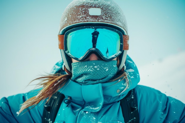 Feliz mujer de snowboard en traje azul gafas máscara sombrero y chaqueta