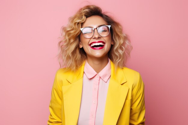 Foto feliz mujer sonriente de amarillo