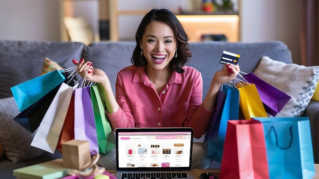 Feliz mujer sonriente en camisa rosa en el sofá en casa entre bolsas de compras coloridas con tarjeta de crédito