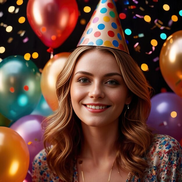 Feliz mujer sonriente con sombrero de fiesta con confeti y globos