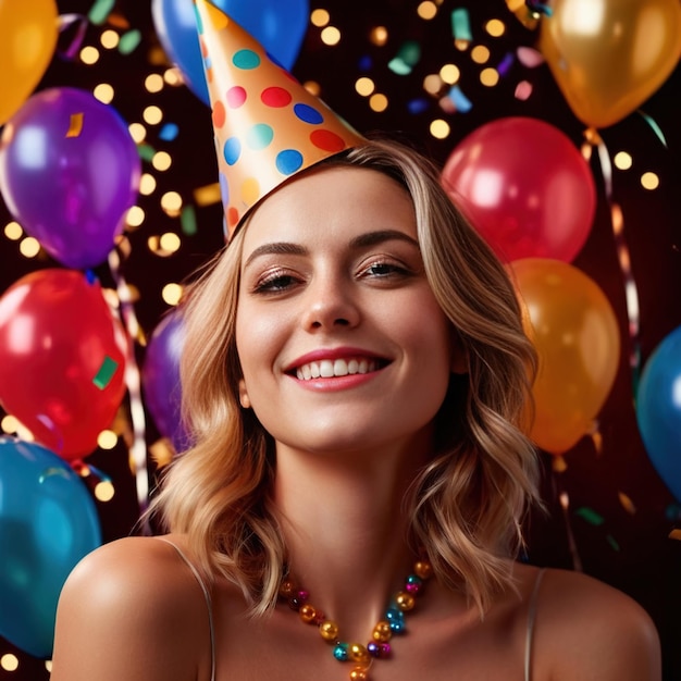 Feliz mujer sonriente con sombrero de fiesta con confeti y globos