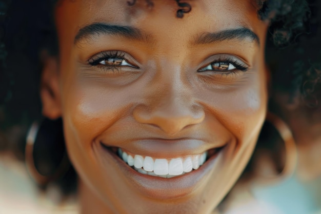 Feliz mulher afro-americana sorrindo com dentes bonitos