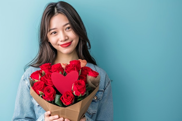 feliz mulher asiática bonita segura caixa de presente vermelha e rosa dia de valentino fundo azul