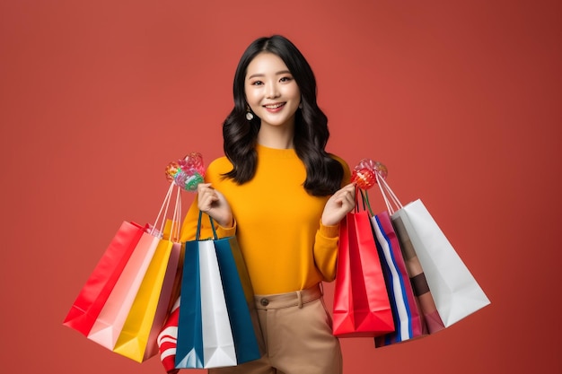 Feliz mulher asiática segurando sacolas de compras e sorrindo para a câmera