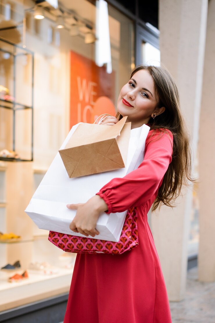 Foto feliz mulher elegante abraça sacos com roupas