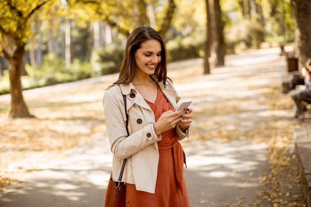 Foto feliz, mulher jovem, usando, telefone pilha, em, outono, parque