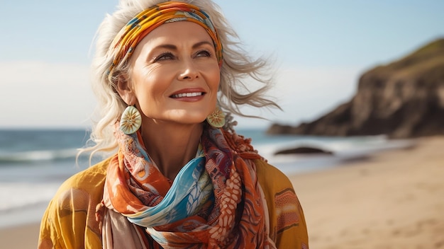 Feliz mulher madura de 50 anos de estilo descontraído casual com fundo de praia