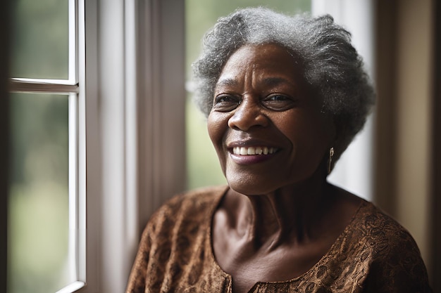 Feliz mulher negra madura de cabelos cinzentos aposentada a desfrutar e a olhar pela janela em casa.