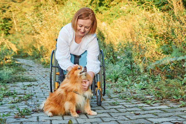 Feliz mulher ruiva em uma cadeira de rodas para passear com seu cachorro, aproveitando o tempo ensolarado no outono.