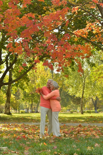 Feliz mulher sênior e homem no parque abraçando