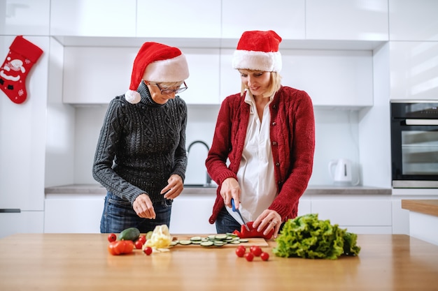 Feliz mulher sênior e sua filha preparando a refeição para a véspera de ano novo. ambos com chapéus de papai noel na cabeça. filha, cortar a pimenta vermelha. no balcão da cozinha são legumes. interior da cozinha doméstica.