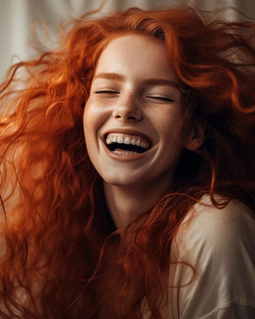 Feliz mulher vermelha de cabelos ondulados longos com grande sorriso e dentes brancos Generative AI