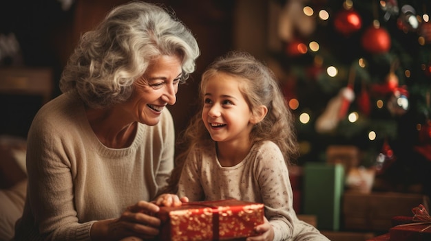 Feliz Natal, Boas Festas Amor em família com presentes da mãe mais velha e sua filha mais velha trocando presentes Se divertindo perto das árvores da casa