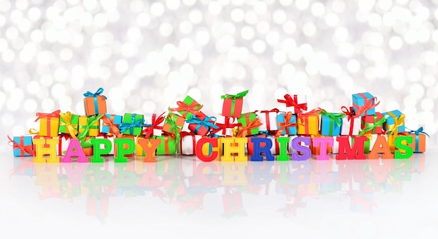 Foto feliz natal com texto colorido no fundo de presentes multicoloridos em um fundo de bokeh