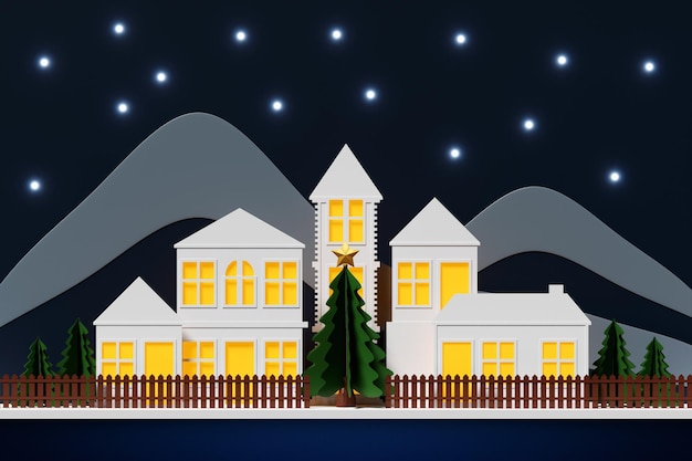 Feliz Natal e Ano Novo 2023 cartão de férias pequena cidade em colagem de papel de inverno e estilo de corte de papel com árvore de Natal decorada e montanhas ao fundo