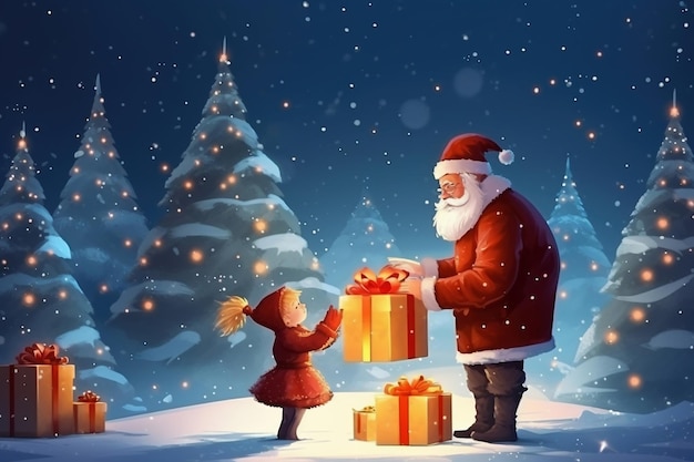 Feliz Natal e Boas Festas Papai Noel dará um presente para uma garotinha Clima de inverno e presentes para o natal e ano novo Estilização como desenho vetorial