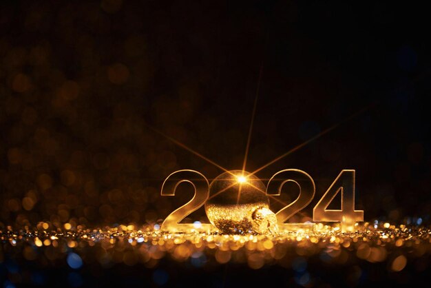 Foto feliz natal e feliz ano novo 2024 celebração de festa desfocada ouro