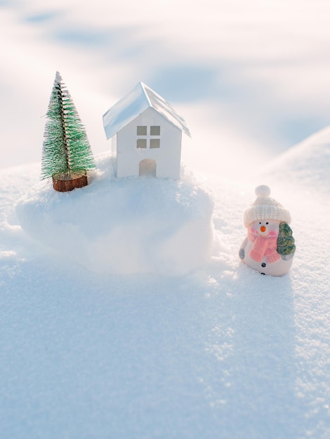 Foto feliz natal e feliz ano novo cartão com copyspaceboneco de neve feliz em pé na paisagem de natal de invernofundo de neve