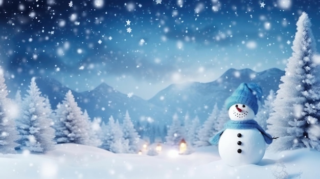 Feliz natal e feliz ano novo cartão com copyspaceBoneco de neve feliz em pé na paisagem de natalFundo de neveConto de fadas de inverno