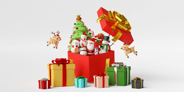 Feliz Natal e Feliz Ano Novo Cena de celebração de Natal com Papai Noel e amigos com grande caixa de presente renderização 3d