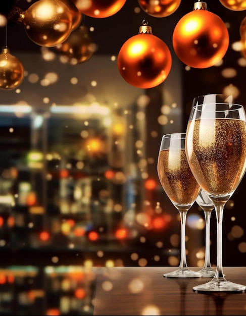 Feliz natal e feliz ano novo conceito de cartão de saudação e convite para modelo banner cartaz design de férias com lindo vinho champanhe e brilho ornamento sazonal temporada de inverno