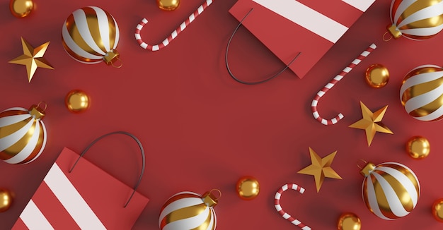 Feliz Natal e feliz ano novo conceito. sacola de compras vermelha sobre fundo vermelho. design de banner de venda. Ilustração 3D