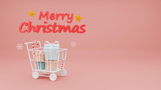 Feliz Natal e feliz ano novo da caixa de presente no carrinho de compras no fundo rosa pastel. Renderização 3d