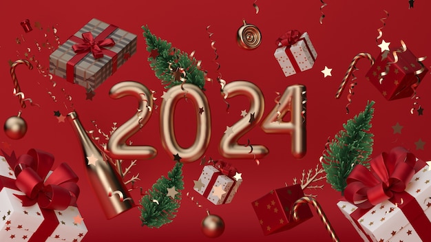 Feliz Natal e Feliz Ano Novo. Fundo festivo de Natal com objetos realistas. Elementos de férias, renderização 3D e realismo. Cartão, banner, pôster da web.