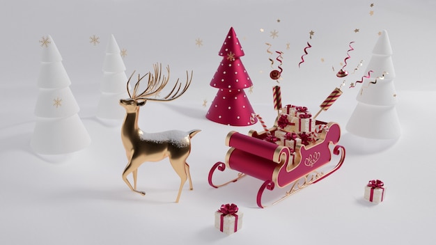 Feliz natal e feliz ano novo. fundo festivo de natal com objetos realistas. elementos de férias, renderização 3d e realismo. cartão, banner, pôster da web.