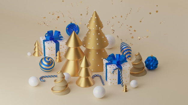 Feliz Natal e Feliz Ano Novo. Fundo festivo de Natal com objetos realistas. Árvore de Natal de forma de composição. Elementos de férias, renderização 3D e realismo. Cartão, banner, pôster da web.