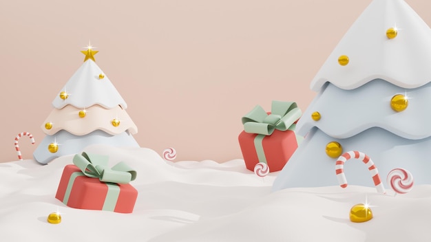 Feliz Natal e feliz ano novo, grande árvore de Natal e caixa de presente com doces na neve, tom de fundo pastel. Renderização 3d